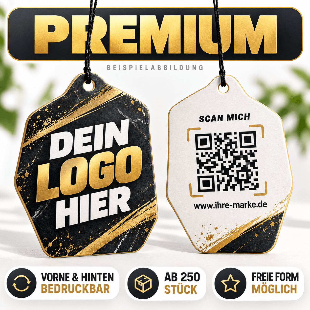 Premium Duftbaum mit Logo – Beispielansicht von Vorder- und Rückseite