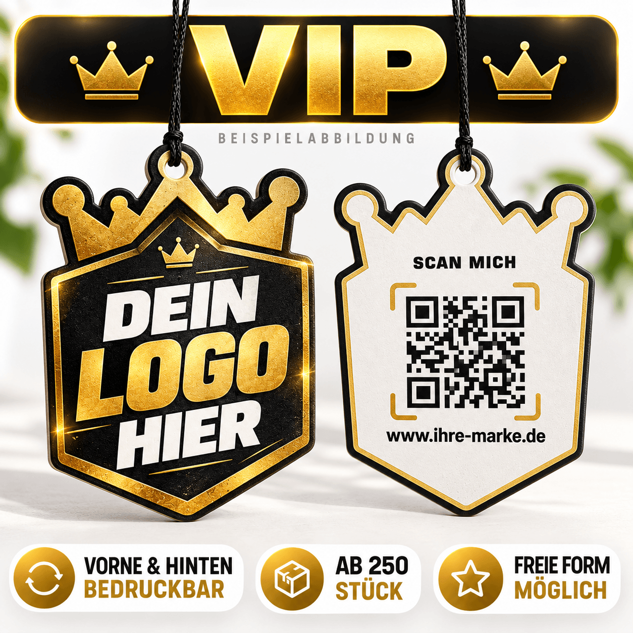 VIP Duftbaum mit Logo – Beispielansicht von Vorder- und Rückseite